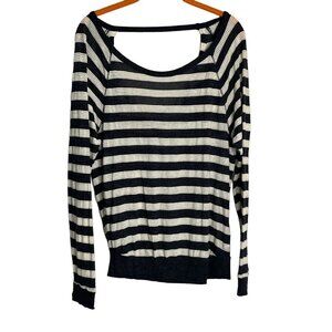 Alo Yoga Open Back Long‎ Sleeve Striped Perforated Shirt Cream Grey Oversized XS